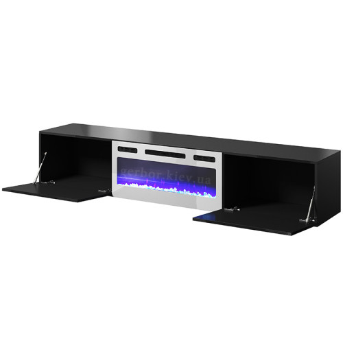 Фото навісної тумби ТВ з електрокаміном SLIDE K 200 CAMA MEBLE чорний / чорний глянець / білий камін – наповнення