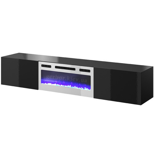Фото навісної тумби ТВ з електрокаміном SLIDE K 200 CAMA MEBLE чорний / чорний глянець / білий камін – вигляд збоку