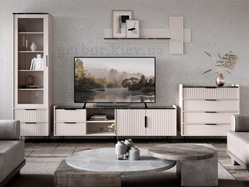 Фото комода ФРЕСКО KOM4S БРВ (ВМК) кашемір / темний мармур в інтер'єрі вітальні