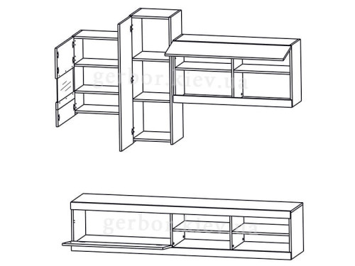 На фото варіант збирання меблів для вітальні ЮКА Гербор з вітриною зліва