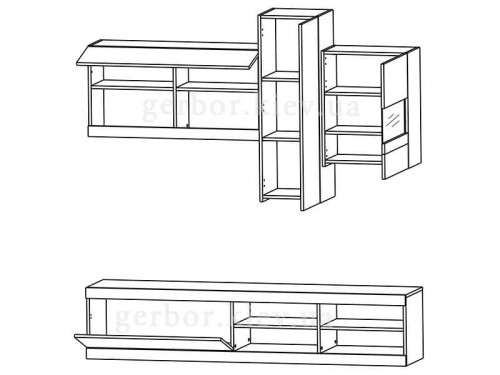 На фото варіант збирання меблів для вітальні ЮКА Гербор з вітриною зправа