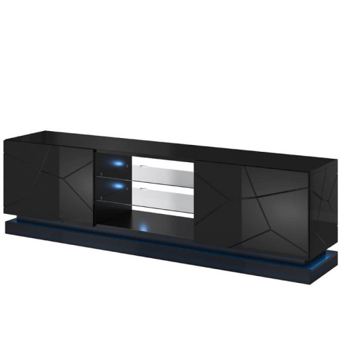 Фото тумбы ТВ QIU 200 CAMA MEBLE черный глянец с подсветкой полок и подсвеченной полосой – вид сбоку