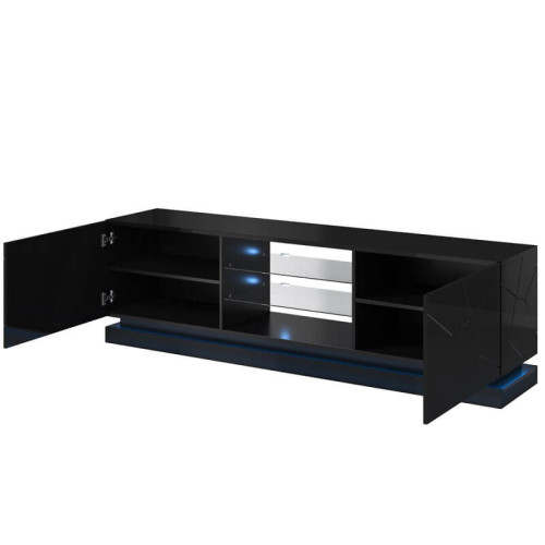 Фото тумбы ТВ QIU 200 CAMA MEBLE черный глянец с подсветкой полок и подсвеченной полосой  – наполнение