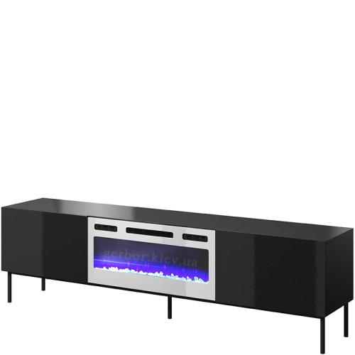 Фото тумби ТВ з електрокаміном SLIDE K 200 CAMA MEBLE чорний / чорний глянець / чорні ніжки / білий камін – вигляд збоку