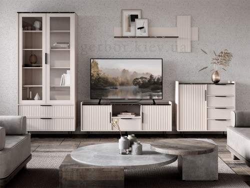 Фото комода ФРЕСКО KOM1D4S БРВ (ВМК) кашемір / темний мармур в інтер'єрі вітальні