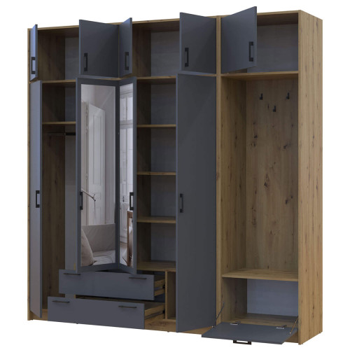 Фото шафи 4 ДСП з вішалкою, дзеркалом та антресоллю РОНДІ  ДОРОС (DOROS) 220х52х236 дуб артизан / графіт – наповнення