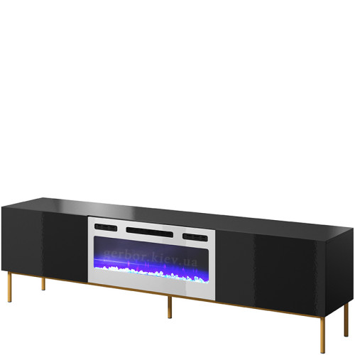 Фото тумби ТВ з електрокаміном SLIDE K 200 CAMA MEBLE чорний / чорний глянець / золоті ніжки / білий камін – вигляд збоку