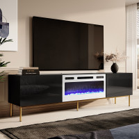 SLIDE K 200 CAMA MEBLE Тумба ТВ чорний / чорний глянець / золоті ніжки з білим електрокаміном