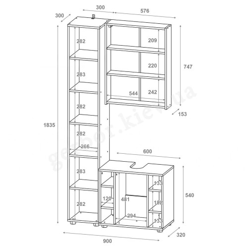 Фото комплекта для ванної кімнати МІРА ДОРОС (DOROS) – схема із внутрішніми розмірами
