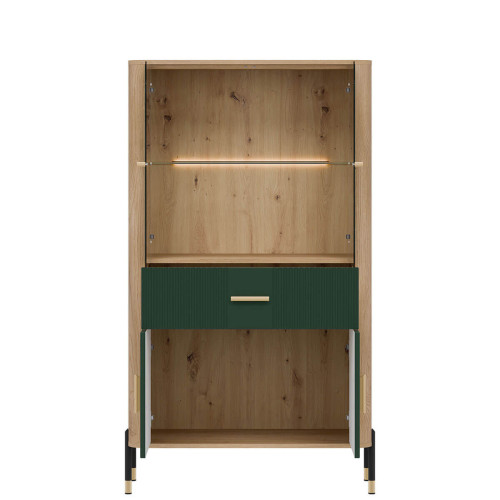 Фото низької вітрини DANTE DT12 LIVEO дуб кремона торро / зелений / золоті ручки – вигляд спереду наповнення