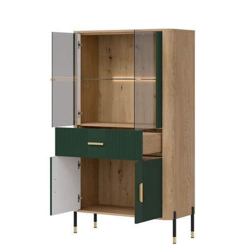 Фото низької вітрини DANTE DT12 LIVEO дуб кремона торро / зелений / золоті ручки – наповнення