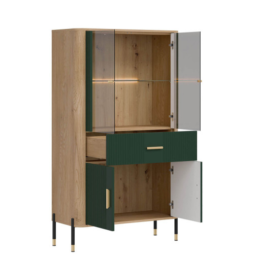 Фото низької вітрини DANTE DT12 LIVEO дуб кремона торро / зелений / золоті ручки – вигляд збоку наповнення