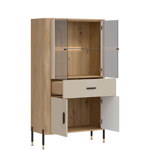 Фото низької вітрини DANTE DT12 LIVEO дуб кремона торро / кашемір / чорні ручки – вигляд збоку наповнення