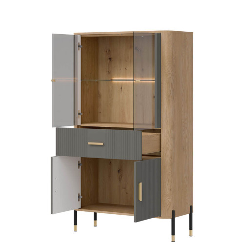 Фото низької вітрини DANTE DT12 LIVEO дуб кремона торро / сірий / золоті ручки – наповнення