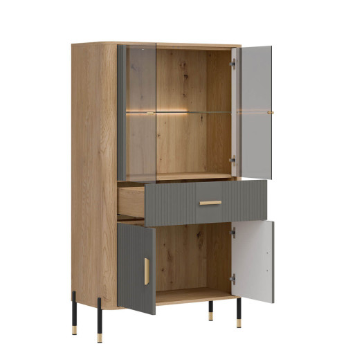 Фото низької вітрини DANTE DT12 LIVEO дуб кремона торро / сірий / золоті ручки – вигляд збоку наповнення