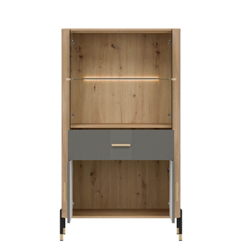 Фото низької вітрини DANTE DT12 LIVEO дуб кремона торро / сірий / золоті ручки – вигляд спереду наповнення