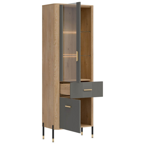 Фото вітрини DANTE DT13 LIVEO дуб кремона торро / сірий / золоті ручки – вигляд збоку наповнення