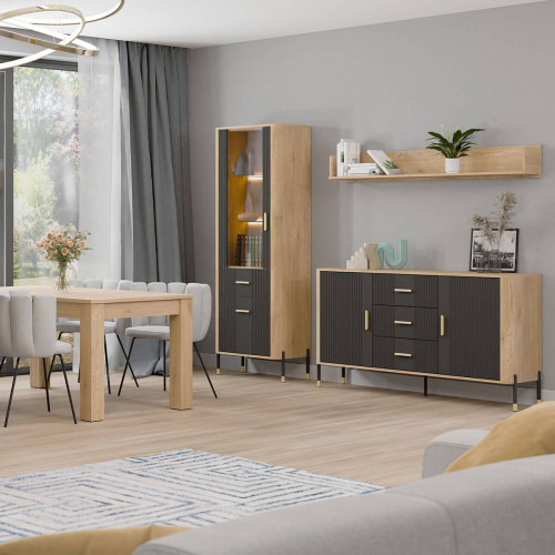 Фото вітрини DANTE DT13 LIVEO дуб кремона торро / антрацит / золоті ручки в інтер'єрі їдальні