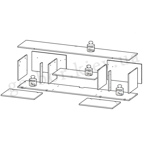 Фото тумби ТВ SLIDE K 200 CAMA MEBLE чорний / чорний глянець / золоті ніжки – схема збірки та навантажень