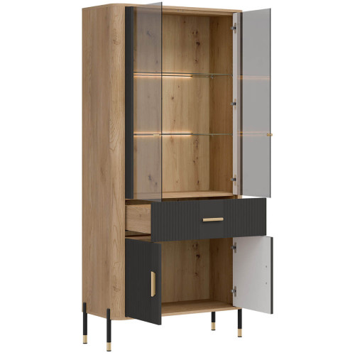 Фото вітрини DANTE DT14 LIVEO дуб кремона торро / антрацит / золоті ручки – вигляд збоку наповнення