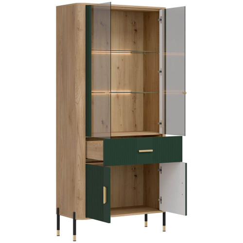 Фото вітрини DANTE DT14 LIVEO дуб кремона торро / зелений / золоті ручки – вигляд збоку наповнення