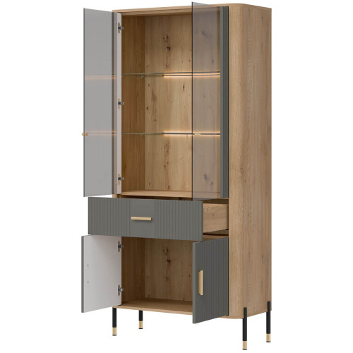 Фото вітрини DANTE DT14 LIVEO дуб кремона торро / сірий / золоті ручки – наповнення