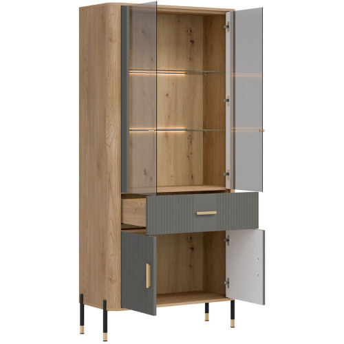 Фото вітрини DANTE DT14 LIVEO дуб кремона торро / сірий / золоті ручки – вигляд зюоку наповнення