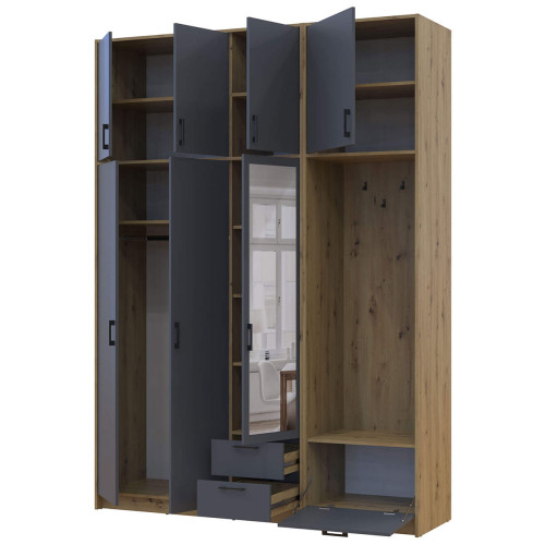 Фото шафи 3 ДСП з вішалкою, дзеркалом та високою антресоллю РОНДІ  ДОРОС (DOROS) 181х52х260 дуб артизан / графіт – наповнення