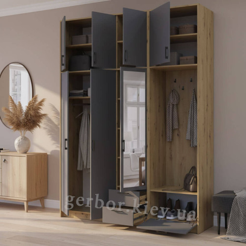 Фото шафи 3 ДСП з вішалкою, дзеркалом та високою антресоллю РОНДІ  ДОРОС (DOROS) 181х52х260 дуб артизан / графіт в інтер'єрі передпокою