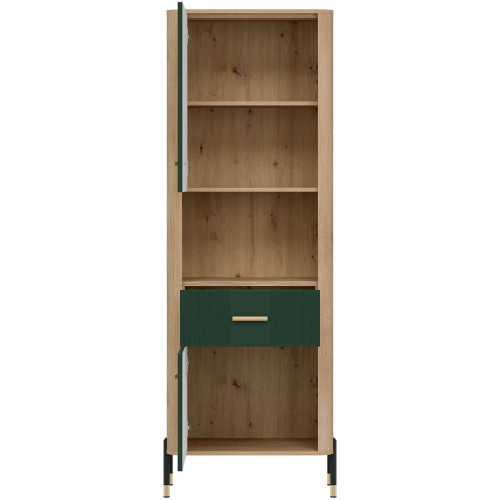 Фото стелажу DANTE DT15 LIVEO дуб кремона торро / зелений / золоті ручки – вигляд спереду наповнення