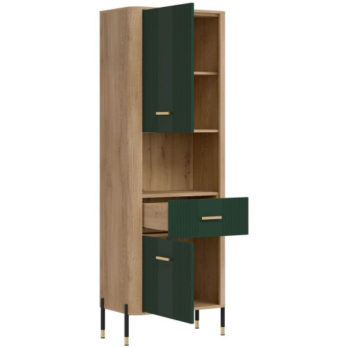 Фото стелажу DANTE DT15 LIVEO дуб кремона торро / зелений / золоті ручки – вигляд сбоку наповнення