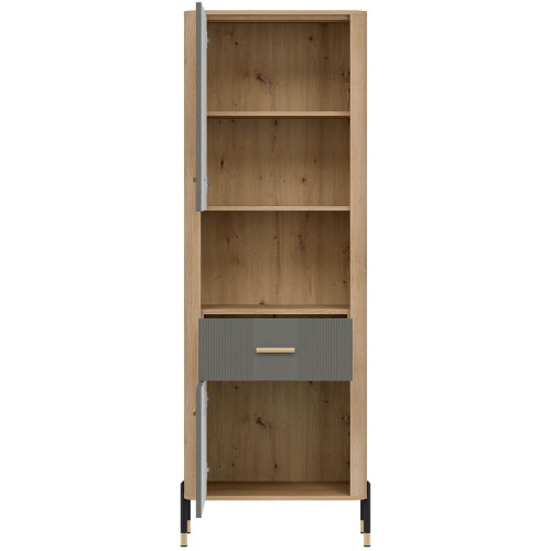 Фото стелажу DANTE DT15 LIVEO дуб кремона торро / сірий / золоті ручки – вигляд спереду наповнення