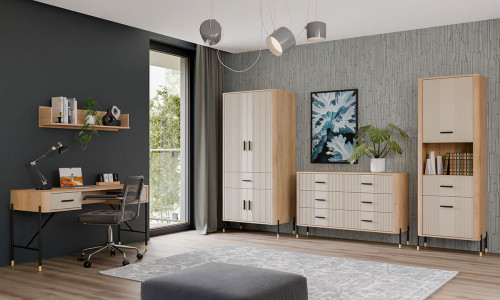 Фото шафи DANTE DT16 LIVEO дуб кремона торро / кашемір / чорні ручки в інтер'єрі кабінету