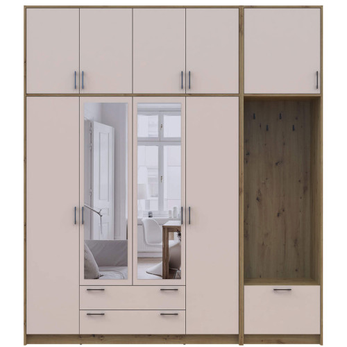 Фото шафи 4 ДСП з вішалкою, дзеркалом та високою антресоллю РОНДІ  ДОРОС (DOROS) 220х52х260 дуб артизан / кашемір – вигляд спереду