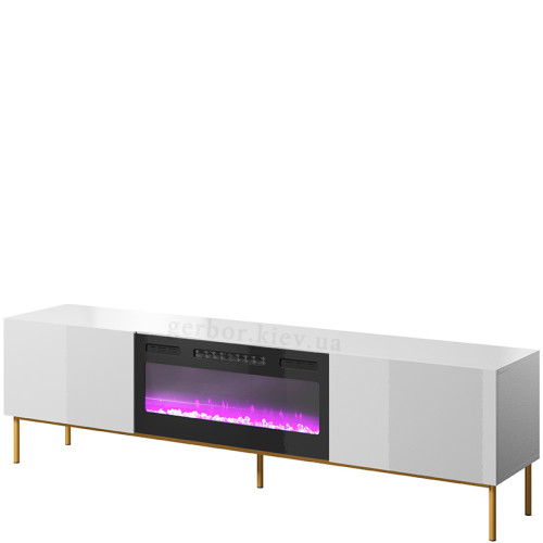 Фото тумби ТВ з електрокаміном SLIDE K 200 CAMA MEBLE білий / білий глянець / золоті ніжки / чорний камін – вигляд збоку
