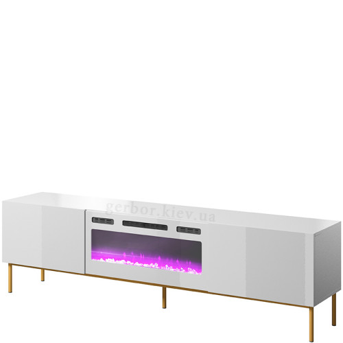 Фото тумби ТВ з електрокаміном SLIDE K 200 CAMA MEBLE білий / білий глянець / золоті ніжки / білий камін – вигляд спереду