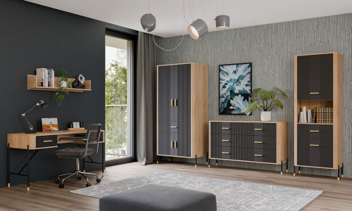 Фото полиці DANTE DT24 LIVEO в інтер'єрі кабінету дуб кремона торро / антрацит / золоті ручки