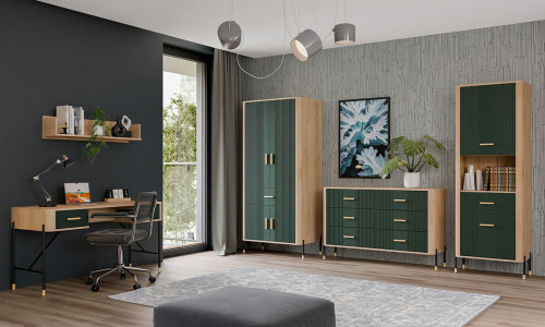 Фото полиці DANTE DT24 LIVEO в інтер'єрі кабінету дуб кремона торро / зелений / золоті ручки