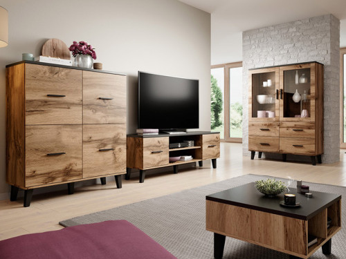 Фото тумбы ТВ 160 2D2K LOTTA CAMA MEBLE дуб вотан в интерьере гостиной