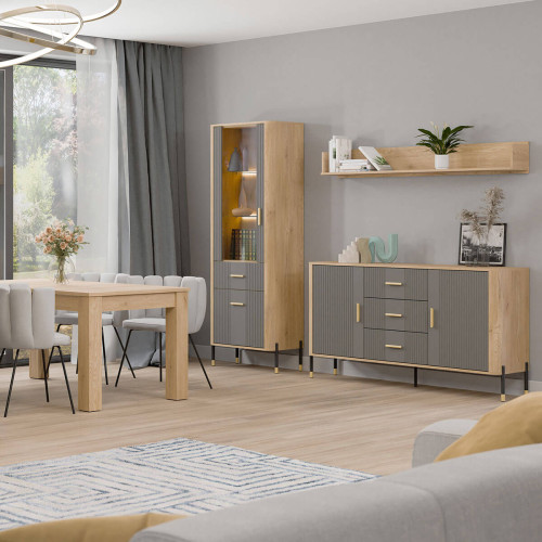 Фото полиці DANTE DT25 LIVEO в інтер'єрі їдальні дуб кремона торро / сірий / золоті ручки