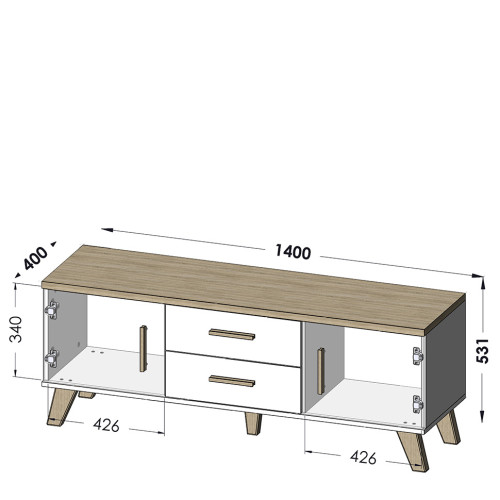 Фото тумбы ТВ 140 2D2S LOTTA CAMA MEBLE дуб вотан – схема наполнения и размеров
