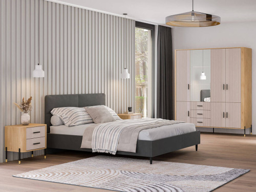 Фото приліжкової тумбочки DANTE DT21  LIVEO дуб кремона торро / кашемір / чорні ручки в інтер'єрі спальні