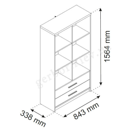 Фото відкритого низького стелажу PAVI 2S/84 ВМВ – схема з розмірами