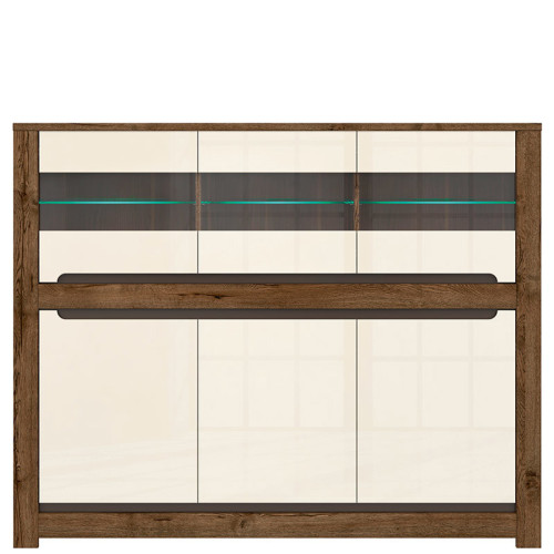 Фото буфету RUSO KOM3W3D BRW дуб квітень / перламутр глянець з підсвіткою полиць