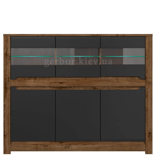 Фото буфету RUSO KOM3W3D BRW дуб квітень / чорний з підсвіткою полиць