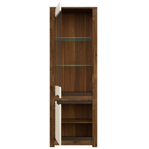 Фото вітрини RUSO REG1W1D_LED BRW дуб квітень / перламутр глянець з підсвіткою полиць з відкриванням вліво