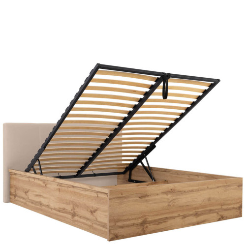 Фото кровати с подъемным механизмом TETRIX LOZ/160/B/T BRW дуб вотан с бежевой накладкой