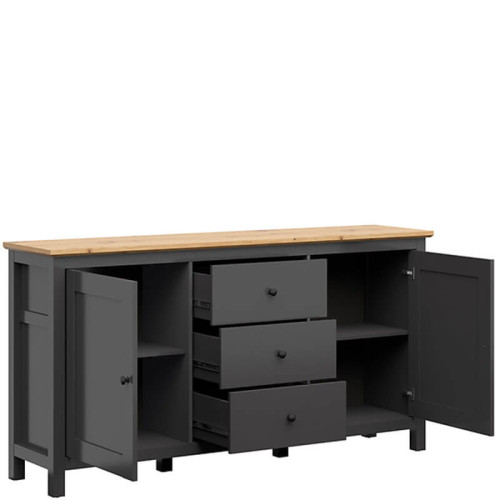 На фото комод HESEN KOM2D3S/10/19 BRW графит / дуб артизан – наполнение