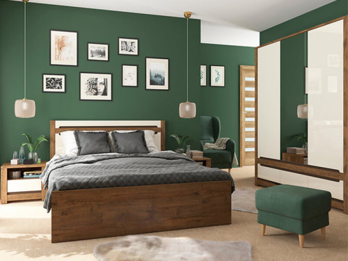 Фото шкафа с зеркалом RUSO SZF2D1M3S BRW дуб апрель / перламутр глянец в интерьере спальни