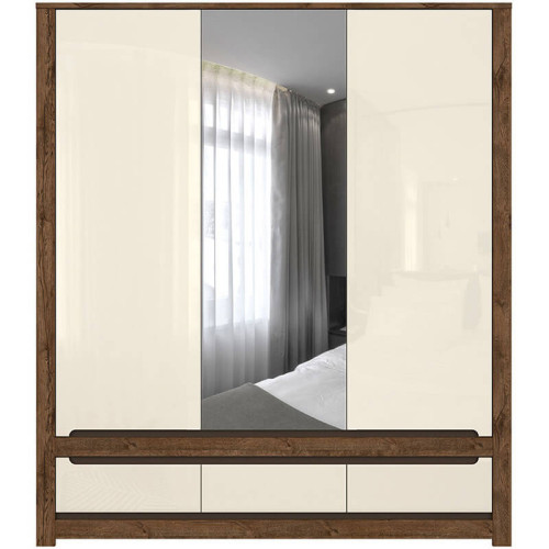 Фото шкафа с зеркалом RUSO SZF2D1M3S BRW дуб апрель / перламутр глянец – вид спереди